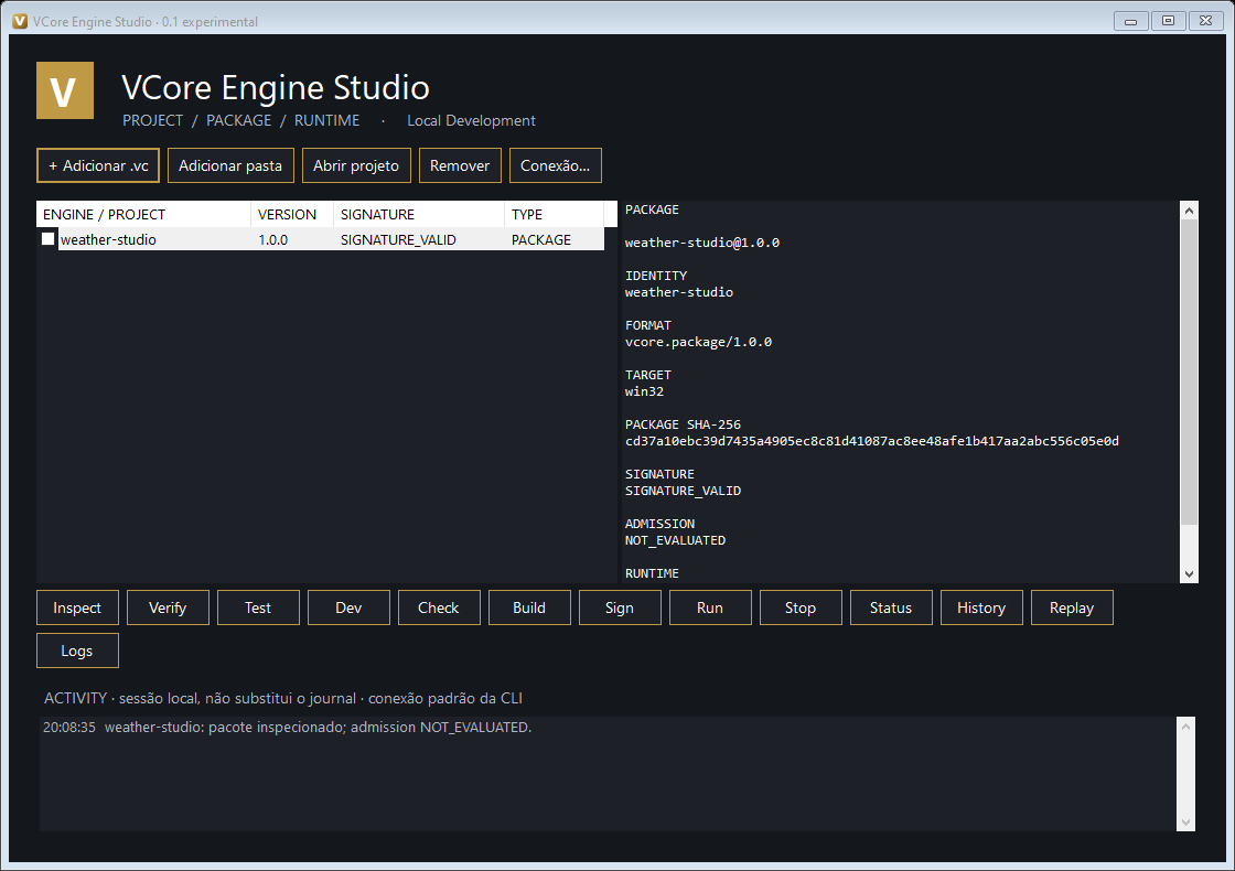 Captura real do VCore Engine Studio com um pacote de teste inspecionado.