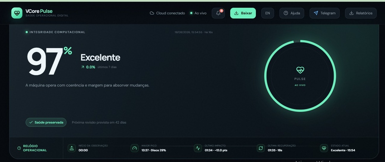 Captura do Pulse mostrando a saúde e o histórico da máquina
