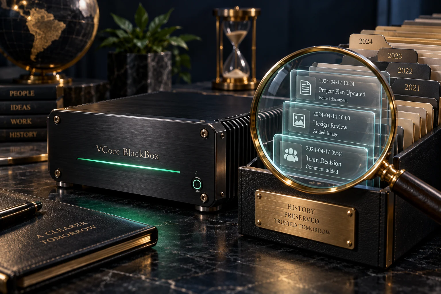 Ilustração conceitual do VCore BlackBox preservando registros e evidências.
