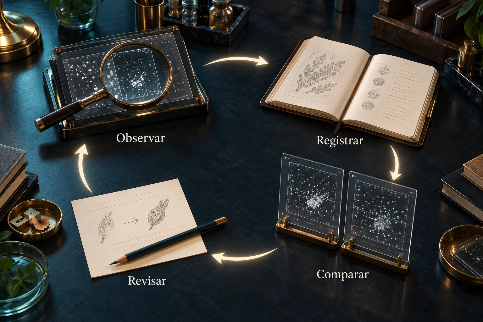 O método em imagens: observar, registrar, comparar e revisar.