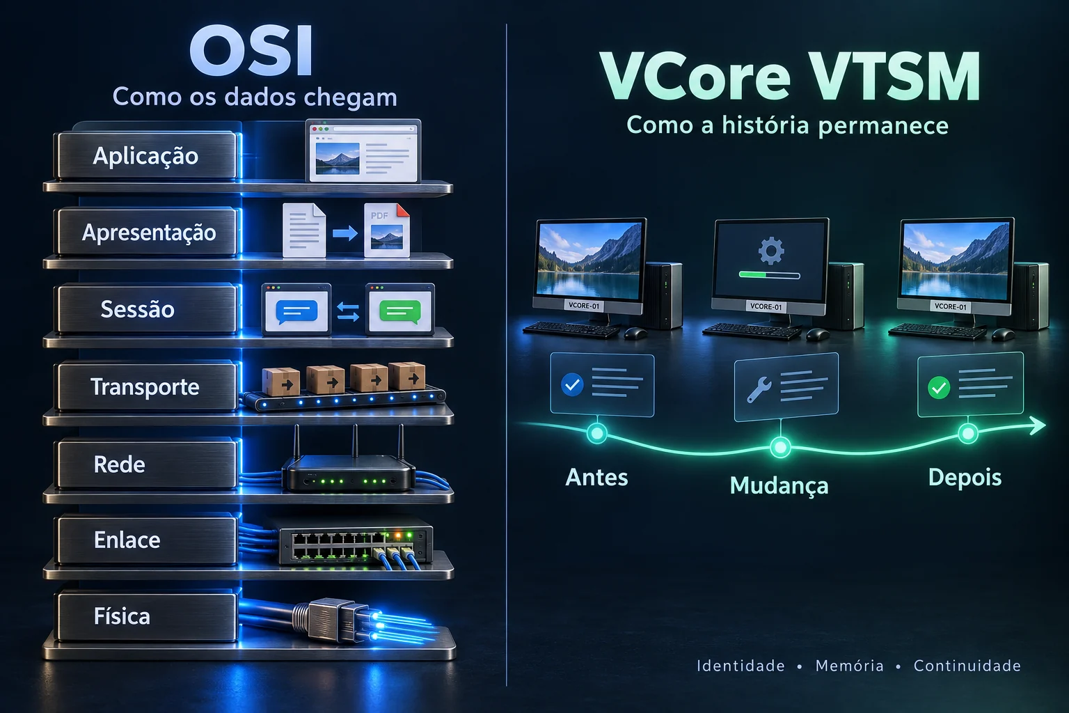 OSI: sete camadas com nomes e exemplos. VCore VTSM: a mesma máquina antes, durante e depois de uma mudança.