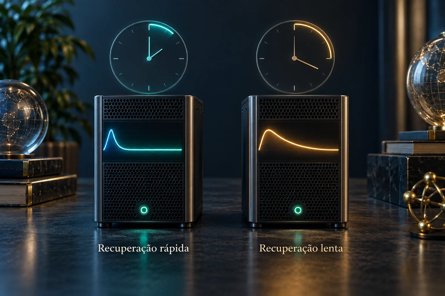 Dois servidores ilustram recuperação rápida e lenta após uma carga de trabalho.