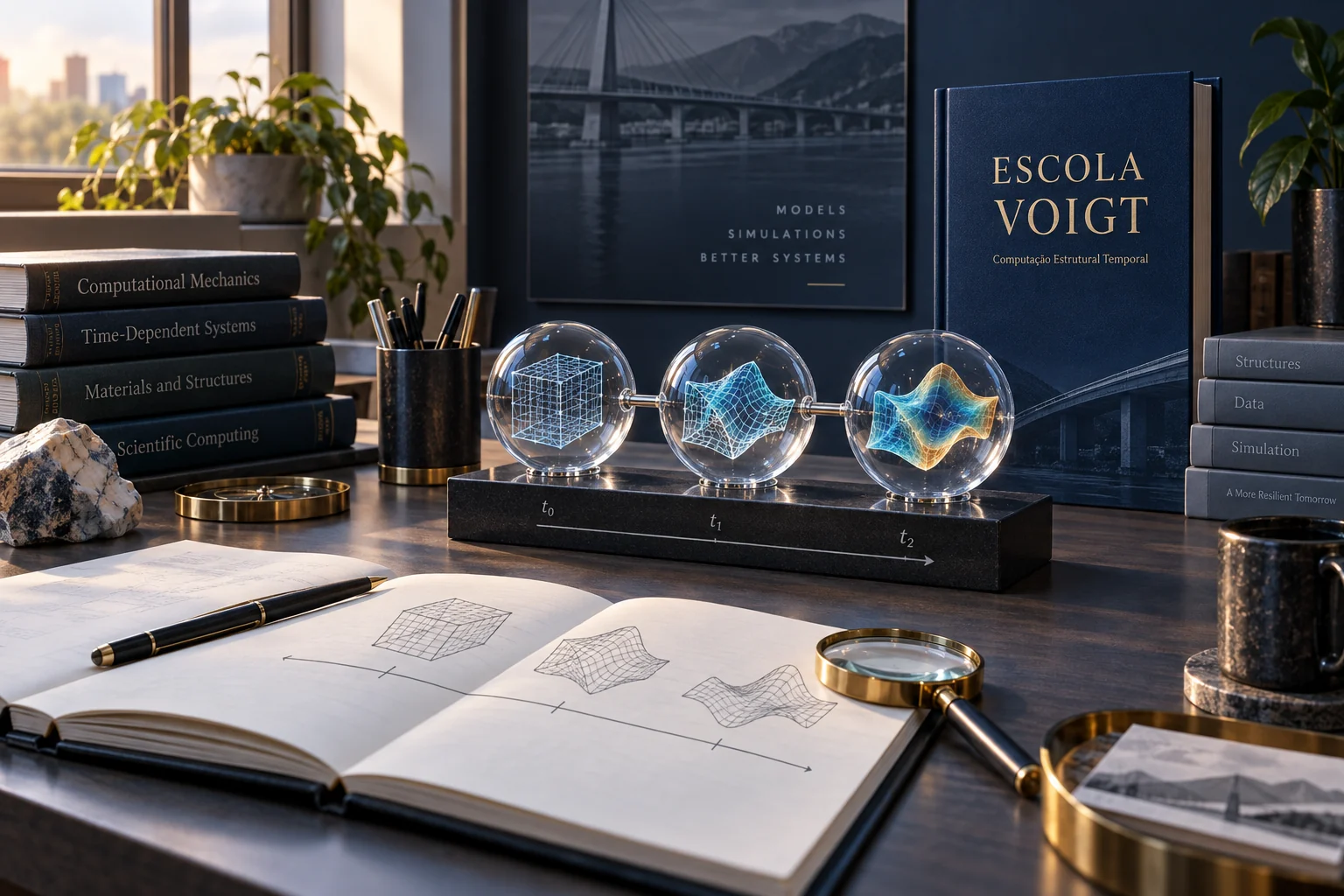 Ilustração de uma mesa de pesquisa com o livro Escola Voigt e modelos de evolução temporal.