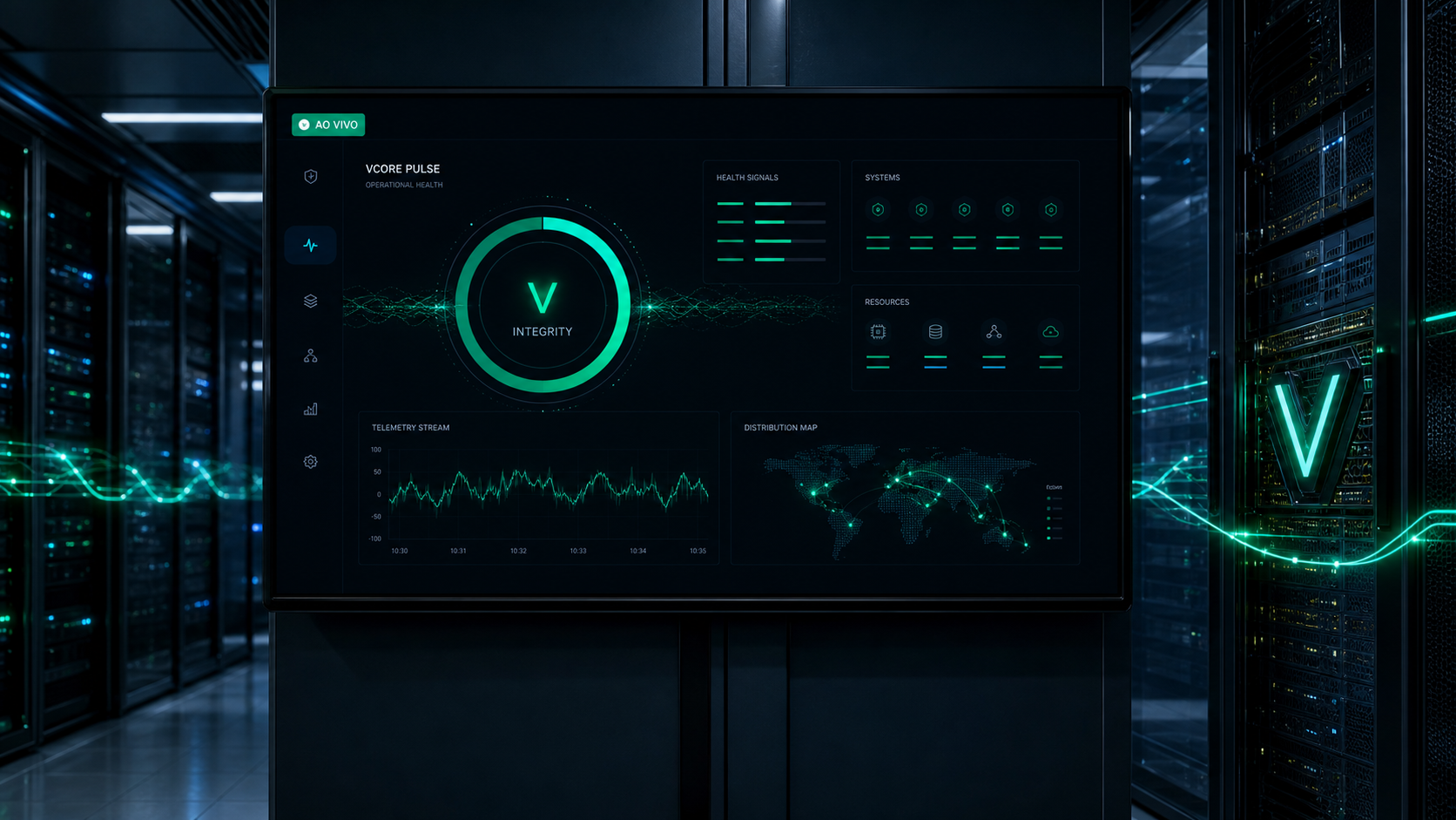 VCore Pulse ao vivo em uma TV de operações dentro de um datacenter